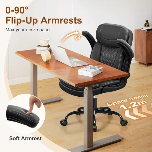 Miniatura 6 de Silla de oficina de cuero, sillas de escritorio de computadora de poliuretano mejoradas con cojín de asiento de doble capa y reposaespaldas, Negro