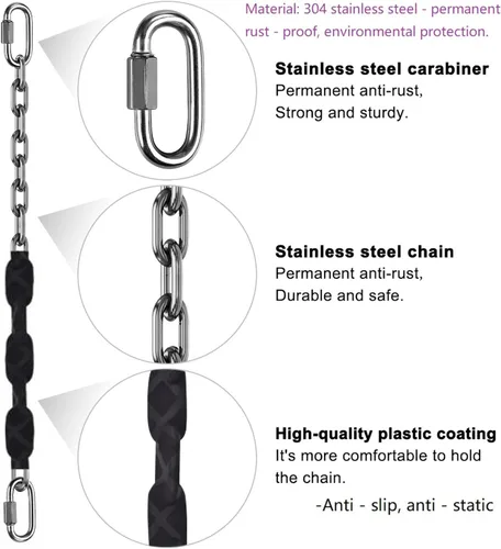 Miniatura 7 de 4 cadenas de acero inoxidable (negro de 84 pulgadas), accesorios de columpio resistentes, 4 hebillas de conexión rápida, hamacas para columpios