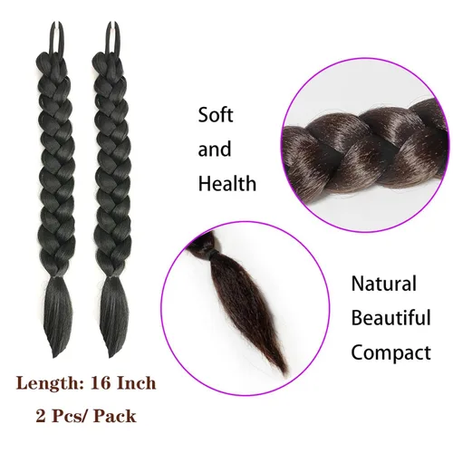 Miniatura 4 de 2 paquetes de 16 pulgadas de extensión de cola de caballo trenzada larga negra para mujeres negras con banda elástica, trenzado recto, extensiones