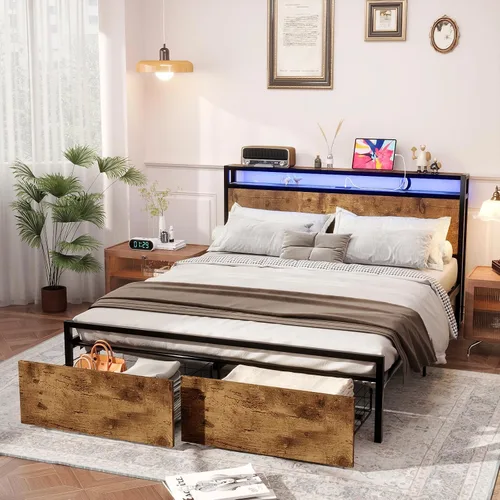 Miniatura 14 de Kiivakii Base de cama Queen con cabecero, base de cama de plataforma LED con 4 cajones de almacenamiento, estación de carga integrada, sin ruido