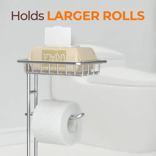 Miniatura 5 de Portarrollos de papel higiénico TreeLen con estante para almacenamiento en el baño, soporte para teléfono, toalla y mega rollos, cromo brillante