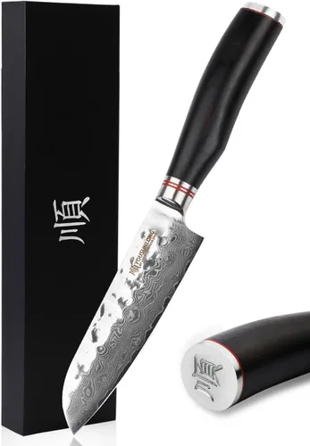 YOUSUNLONG Santoku - Cuchillo japonés de 5 pulgadas, 67 capas, acero de Damasco martillado con madera de plomo natural Ebany