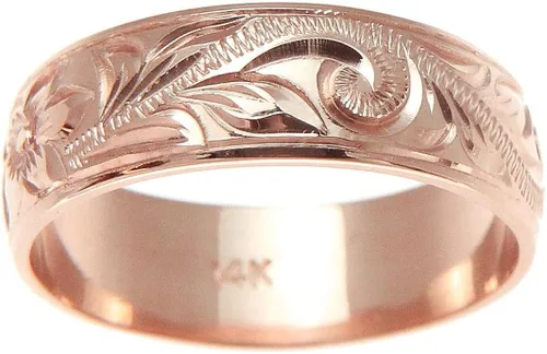 Miniatura 3 de Anillo de oro rosa de 14 quilates grabado a mano de plumeria hawaiana con borde liso 0.236in