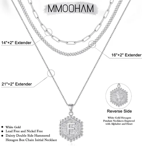 Miniatura 5 de Collares con iniciales M MOOHAM en capas, para mujer, chapados en oro de 14 quilates, con cadena de eslabones