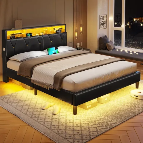 Miniatura 7 de BTHFST Marco de cama tamaño completo con luces LED y estación de carga, marco de cama LED tamaño completo con almacenamiento de cabecero, cama