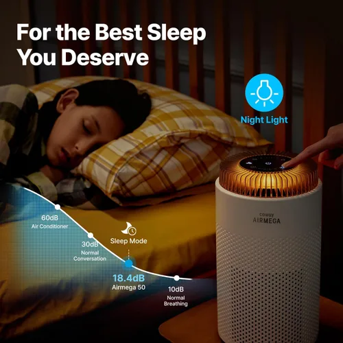 Miniatura 4 de COWAY Airmega 50 - Purificador de aire para dormitorio de hasta 500 pies cuadrados, filtro HEPA y desodorización para humo, alergias, caspa
