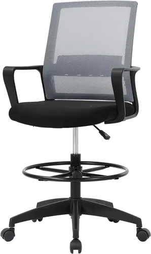 Miniatura 8 de PayLessHere Silla de dibujo Negro Silla de oficina alta con altura de asiento ajustable y reposapiés, respaldo de malla ergonómico, soporte