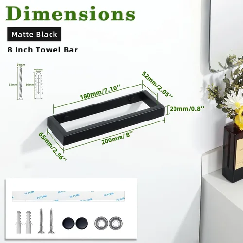 Miniatura 2 de Alise Toallero de mano de 8 pulgadas para montaje en pared de baño, color negro mate, toallero para baño, toallero de acero inoxidable SUS304