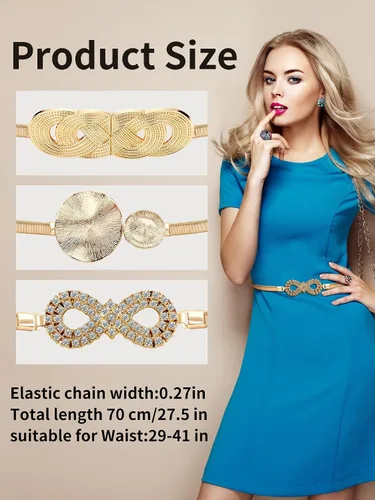Miniatura 6 de onenine Cinturón de oro para vestido de mujer, cinturón de cadena colgante elástico, cinturón de cadena de oro, oro y plata