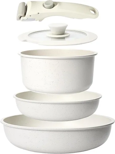 GiPP Juego de 5 ollas y sartenes antiadherentes, juegos de utensilios de cocina antiadherentes, mango desmontable, juego de cocina de inducción,