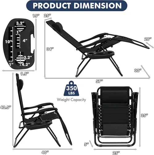 Miniatura 3 de Giantex Zero Gravity - Silla reclinable para patio al aire libre con portavasos y almohada extraíble, respaldo ajustable, silla de salón