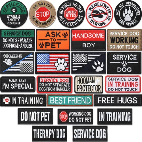 Paquete de 25 parches tácticos para perros de servicio, parches de arnés para bordar, no mascotas, parches en entrenamiento de bandera