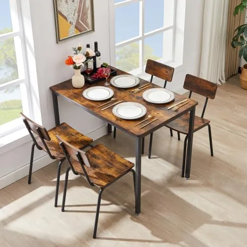 Miniatura 9 de anwickjeff Juego de mesa de comedor para 4 mesas de bar y sillas, juego de 5 piezas de mesa de cocina rectangular de madera de metal industrial y 4
