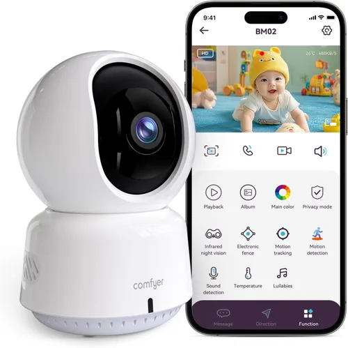Comfyer - Monitor para bebé/mascota para seguridad interior, monitoreo con aplicación para teléfono inteligente, resolución 2K QHD, seguimiento