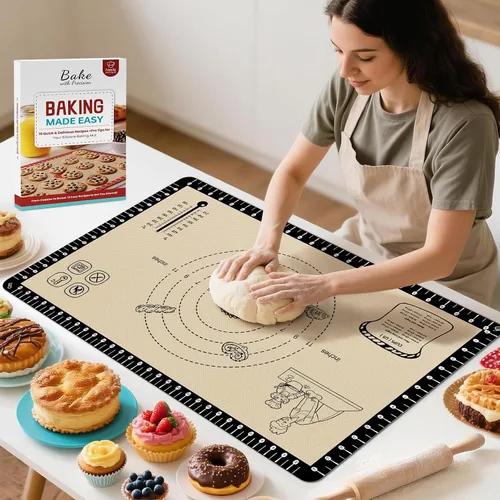 Tapete de silicona para hornear con 10 recetas, tapetes de silicona extra gruesos para hornear, tapete de pastelería antiadherente, tapete