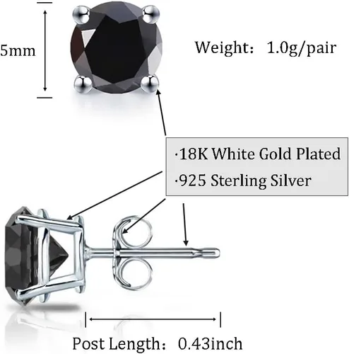 Miniatura 7 de Solitaire - Aretes redondos de plata de ley 925 de ónix negro chapado en platino, joyería fina para mujeres y hombres