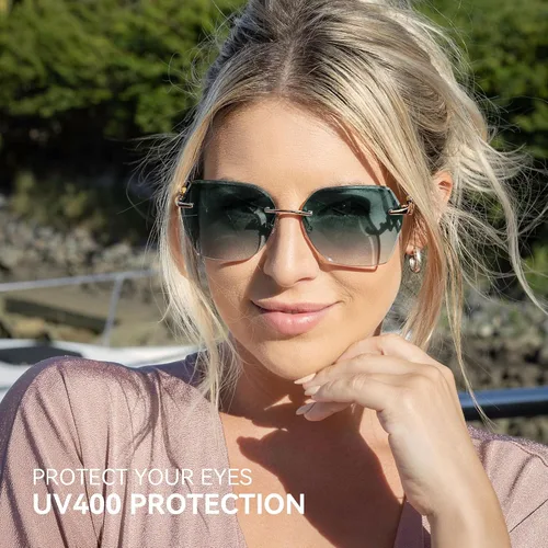 Miniatura 26 de ZENOTTIC Lentes de sol sin montura de gran tamaño para mujer, diseño geométrico de corte de diamante, lentes degradados, protección UV, tonos de moda