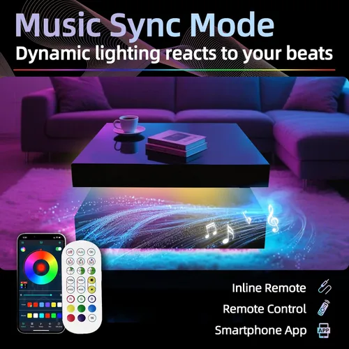 Miniatura 8 de Mesa auxiliar LED para sala de estar, mesa central cuadrada moderna de 2 niveles con luces de sincronización de música, superficie de alto brillo