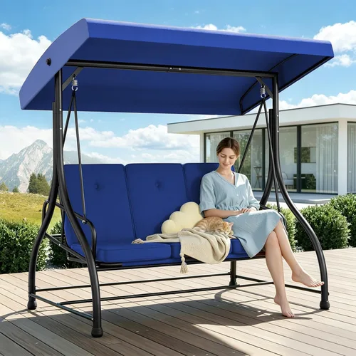Cama columpio para porche de 3 asientos con toldo ajustable y cojines extraíbles, marco de acero resistente, columpio para patio al aire libre, Azul