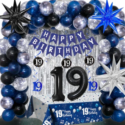 Miniatura 8 de Decoraciones de cumpleaños número 10 para niños y niñas, color azul oscuro, doble dígitos con pancarta de feliz cumpleaños, mantel de globos de 10