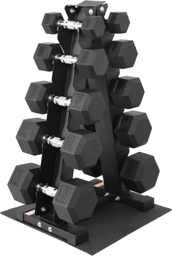 Miniatura 10 de Fitvids Juego de mancuernas hexagonales recubiertas de goma con estante de almacenamiento, juego de pesas de mano de 100/150/200/550 libras