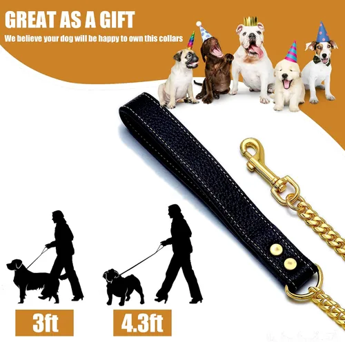 Miniatura 6 de Correa de cadena para perro de 3 pies y 4.3 pies, acero inoxidable de oro de 18 quilates, correa para perro de 0.472 in con cómodo mango de cuero
