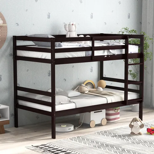 Miniatura 4 de Litera individual sobre individual, marco de cama de madera que ahorra espacio con almacenamiento debajo de la cama, escalera y barandilla