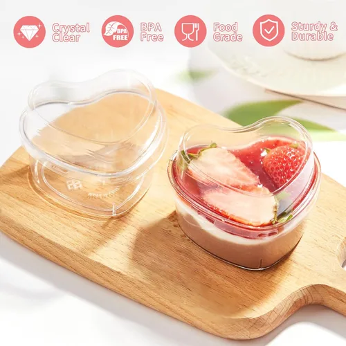 Miniatura 3 de Paquete de 50 tazas de postre en forma de corazón de 5 onzas con tapas y cucharas, mini tazas de postre para servir en fiestas, parfait, queso