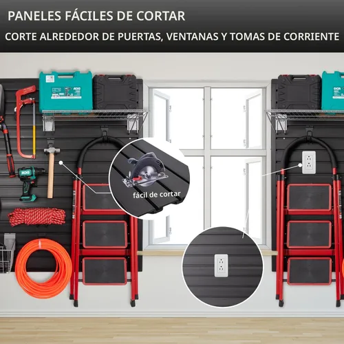 Miniatura 5 de Paneles de Pared con Listones Organizador de Pared de Garaje, Paneles de Pared con Listones Negros 4'x8' Organizador de Herramientas de Garaje