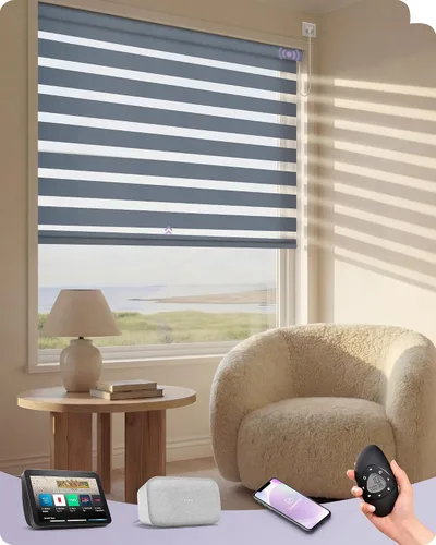 Miniatura 19 de Graywind Persianas motorizadas de cebra para ventanas, persianas inteligentes 100 % opacas con control remoto, persianas de cebra personalizadas