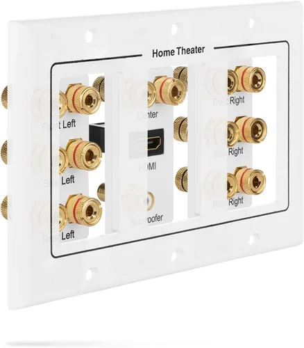 Miniatura 4 de Fosmon HD8006 placa de pared de 3 grupos para sonido envolvente 7.1 de Home Theater con uniones de cobre chapadas en oro. Blanco
