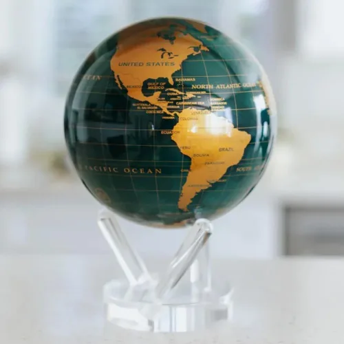 Miniatura 9 de MOVA Globe - Verde esmeralda y dorado clásico (4.5 pulgadas) Movimiento alimentado por energía solar Sin baterías Regalo para escritorio