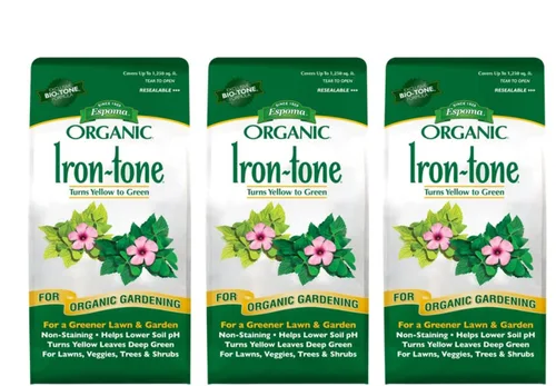 Espoma Fertilizante orgánico de tono hierro 3-0-3 y alimento vegetal orgánico para ayudar a corregir la deficiencia de hierro (clorosis). Bolsa de 5
