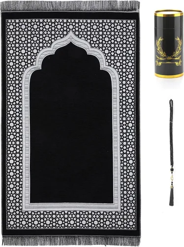 Miniatura 7 de Alfombra de oración islámica elegante con patrón de mezquita fina, manta portátil musulmana Ramadán Eid, alfombra de regalo turca, color negro, 1