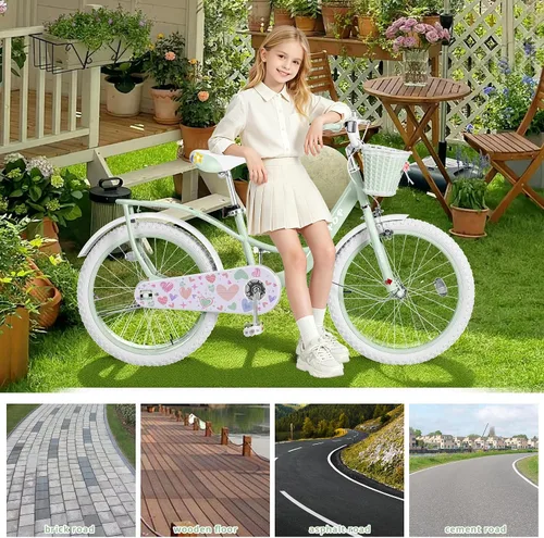Miniatura 8 de Bicicleta de 20 pulgadas para niñas con canasta, bicicleta para niños de 7 a 12 años, bicicleta de crucero de playa verde y rosa para niñas, frenos