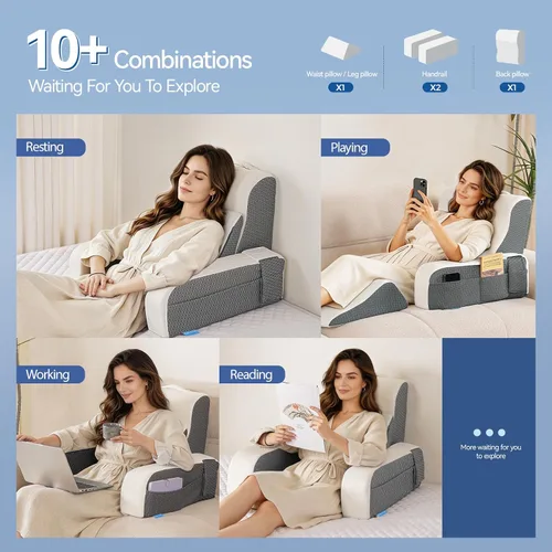 Miniatura 4 de Kayfia Almohada de lectura, almohada de espalda 10 en 1 para cama sentada con reposabrazos desmontable, almohada de respaldo con espuma