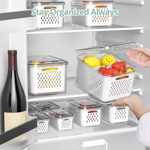 Miniatura 5 de Contenedores de almacenamiento de frutas para refrigerador con colador extraíble, paquete de 8 recipientes de frutas para refrigerador con placa
