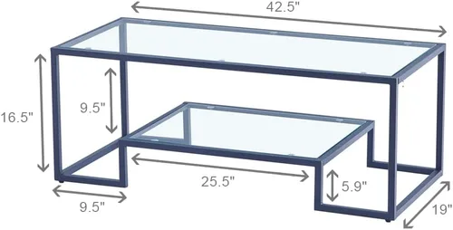 Miniatura 2 de Mesa de centro de cristal de metal negro, mesa de centro simple para sala de estar, hogar, mesa de centro con marco de metal con 2 estantes, mesa