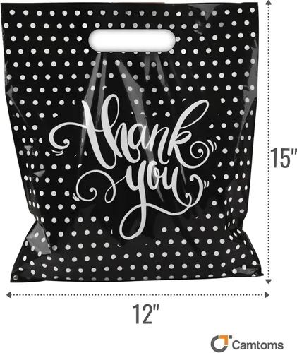 Miniatura 2 de Bolsas de agradecimiento con asas (12 x 15 pulgadas), bolsas de compras de plástico negro de tamaño mediano para pequeñas empresas, boutiques
