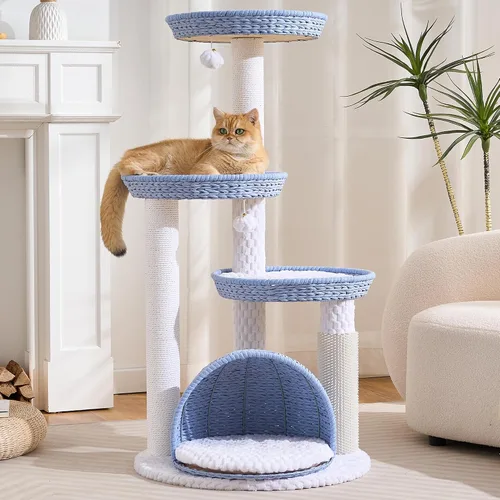 Miniatura 9 de HITTITE Moderna torre de árbol para gatos con poste rascador, torres para gatos de 46 pulgadas de alto con nidos y cueva tejidos, árbol para gatos