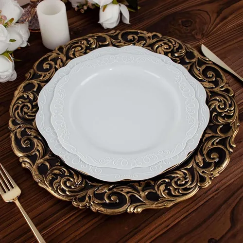 Miniatura 2 de Efavormart juego de 6 platos de plástico redondos de 35.56 cm, negro/dorado con diseño barroco grabado en el borde para eventos de boda y fiesta