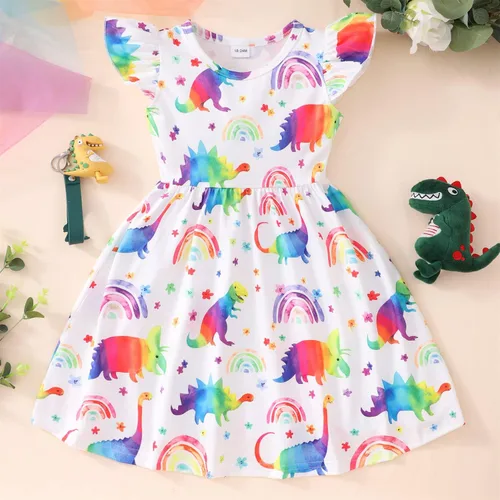 Miniatura 2 de Vestido de verano para niñas pequeñas Lindo patrón de girasol de dinosaurio, vestido casual de verano con volantes y mangas de mariposa