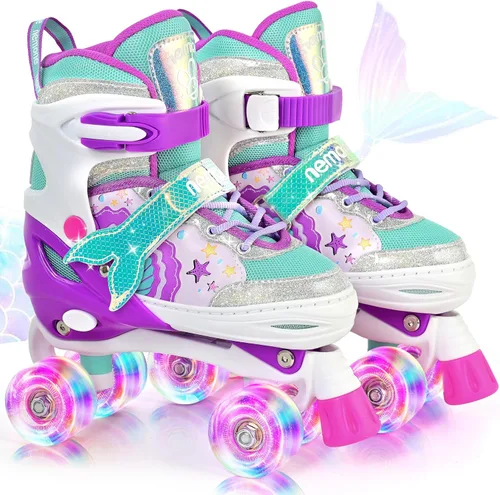 Miniatura 12 de NEMONE - Patines de sirena con ruedas iluminadas y 4 tamaños ajustables para niñas, azul y morado, para niños pequeños, para principiantes, de C