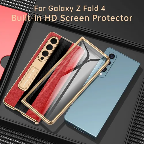 Miniatura 4 de para Funda de Teléfono Samsung Galaxy Z Fold 4 [Cuero Genuino de Lujo Premier][Protección Completa de Bisagra][Protector de Pantalla Rojo