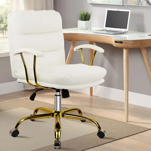 Miniatura 2 de KLASIKA Silla de escritorio de cuero para oficina en casa, silla de tocador de respaldo medio, silla de maquillaje con ruedas doradas y reposabrazos