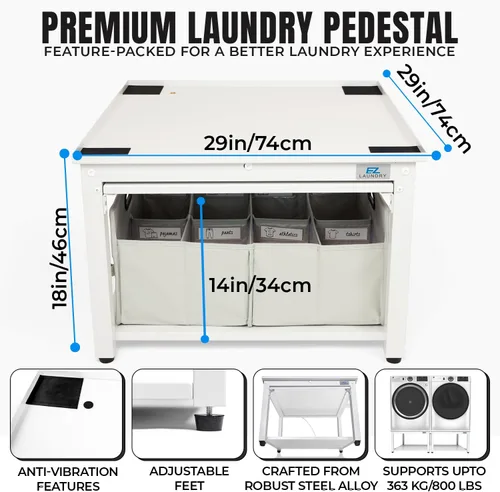 Miniatura 3 de Pedestal para lavadora y secadora con estante extraíble, 29 pulgadas de ancho, 18 pulgadas de alto, acero blanco, ajuste universal con las Blanco