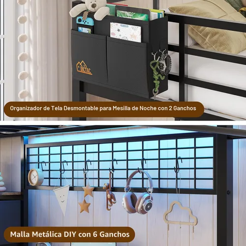 Miniatura 7 de DICTAC Cama alta individual con escritorio en forma de L y 7 cajones de almacenamiento, cama alta de metal tamaño individual para niños con luces