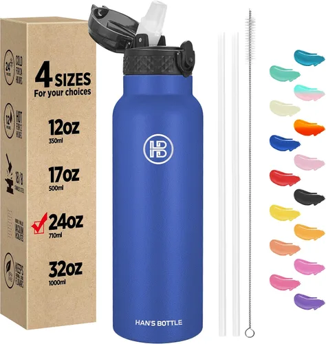 Miniatura 25 de Han's Bottle - Botella de agua para niños con tapa con pajilla - Vaso reutilizable de acero inoxidable aislado para niñas, niños, taza termo, 17