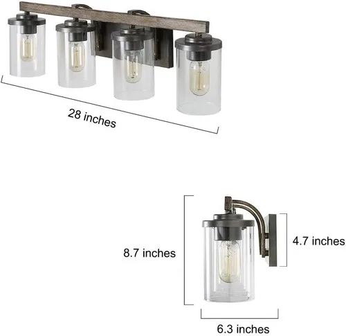 Miniatura 4 de LOG BARN Lámparas rústicas de baño, 2 luces de tocador de granja para baño con pantalla de vidrio texturizado transparente, luces de iluminación