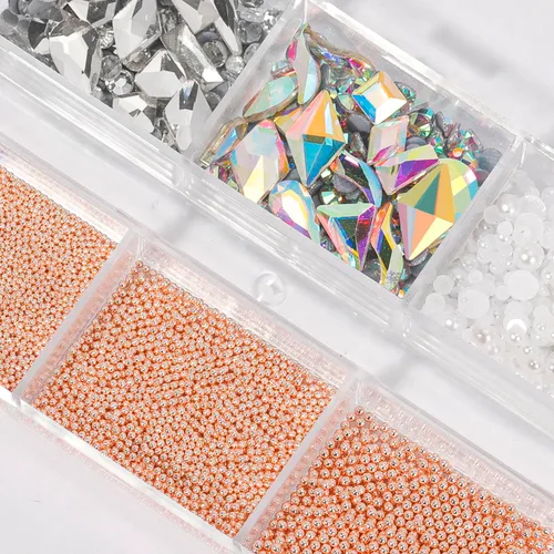 Miniatura 4 de Dijes 3D para arte de uñas, oro rosa, cuentas de micro caviar, diamantes de imitación para uñas acrílicas, tamaño mixto, diamantes de imitación AB